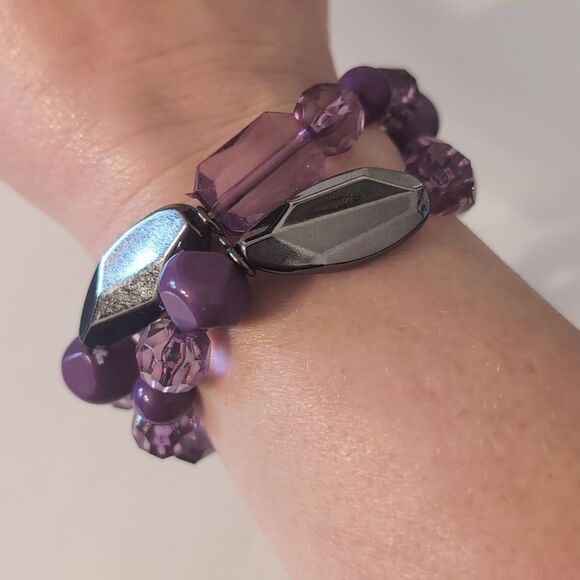 664 Double Row Chunky‎ Purple Translucent Beaded Stretch Bracelet - Picture 1 of 4